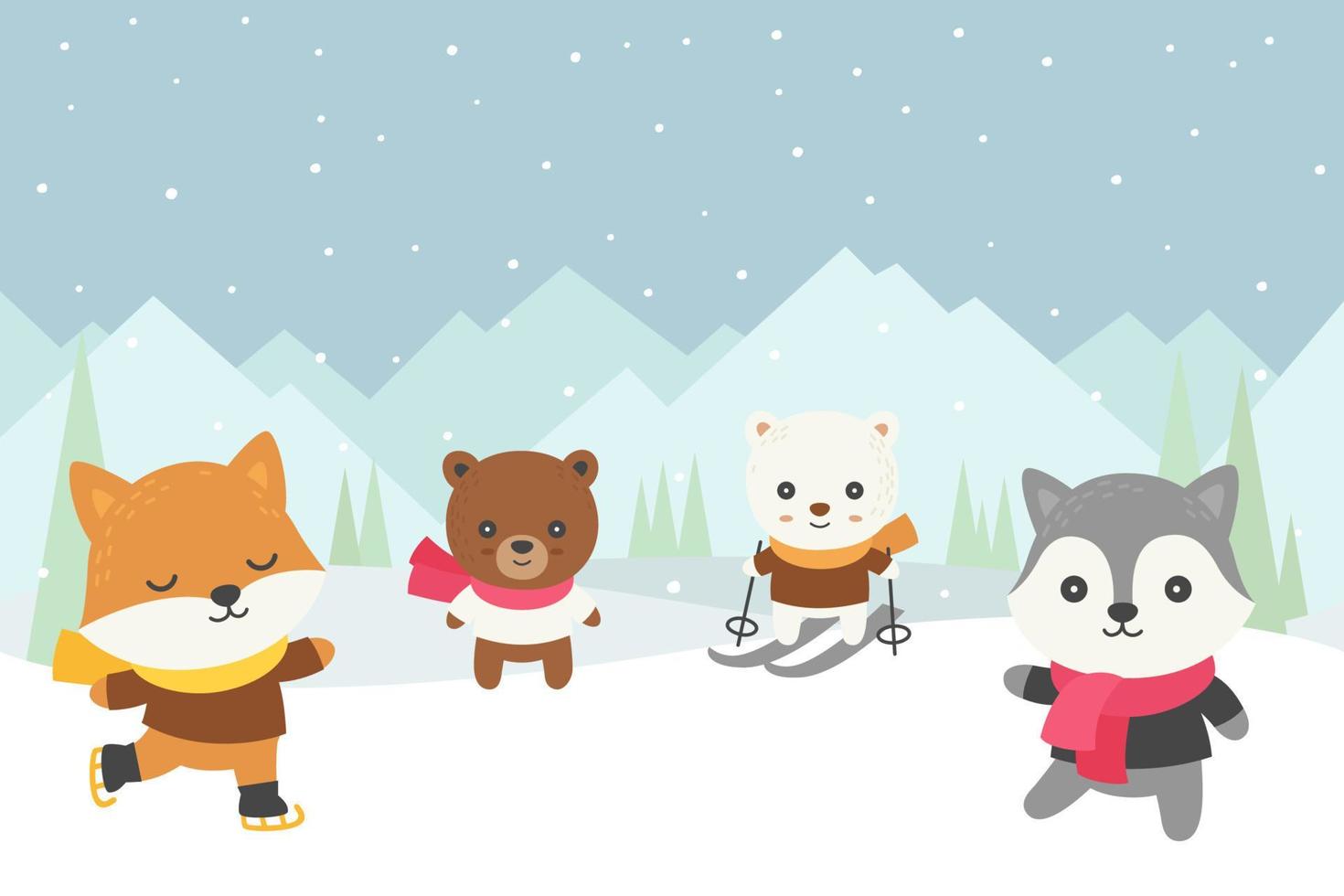 Winter animals doodle playing in snow mountain vector