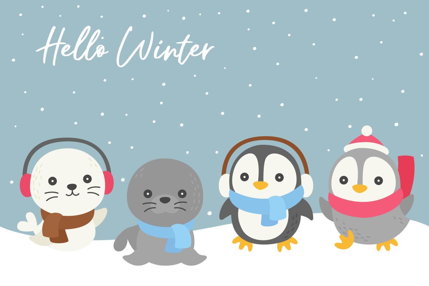 Winter animals doodle with snow theme background vector