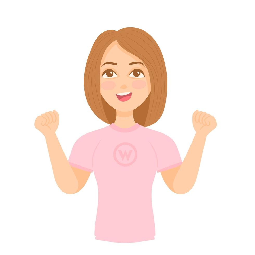 Woman with victory triumph emotion. Successful female character vector
