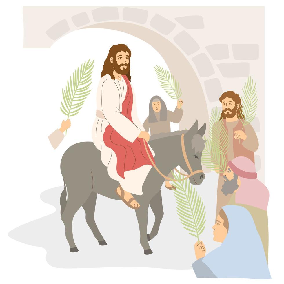 palma domingo ilustración - Jesús entrando Jerusalén con un Burro y palma hojas. vector