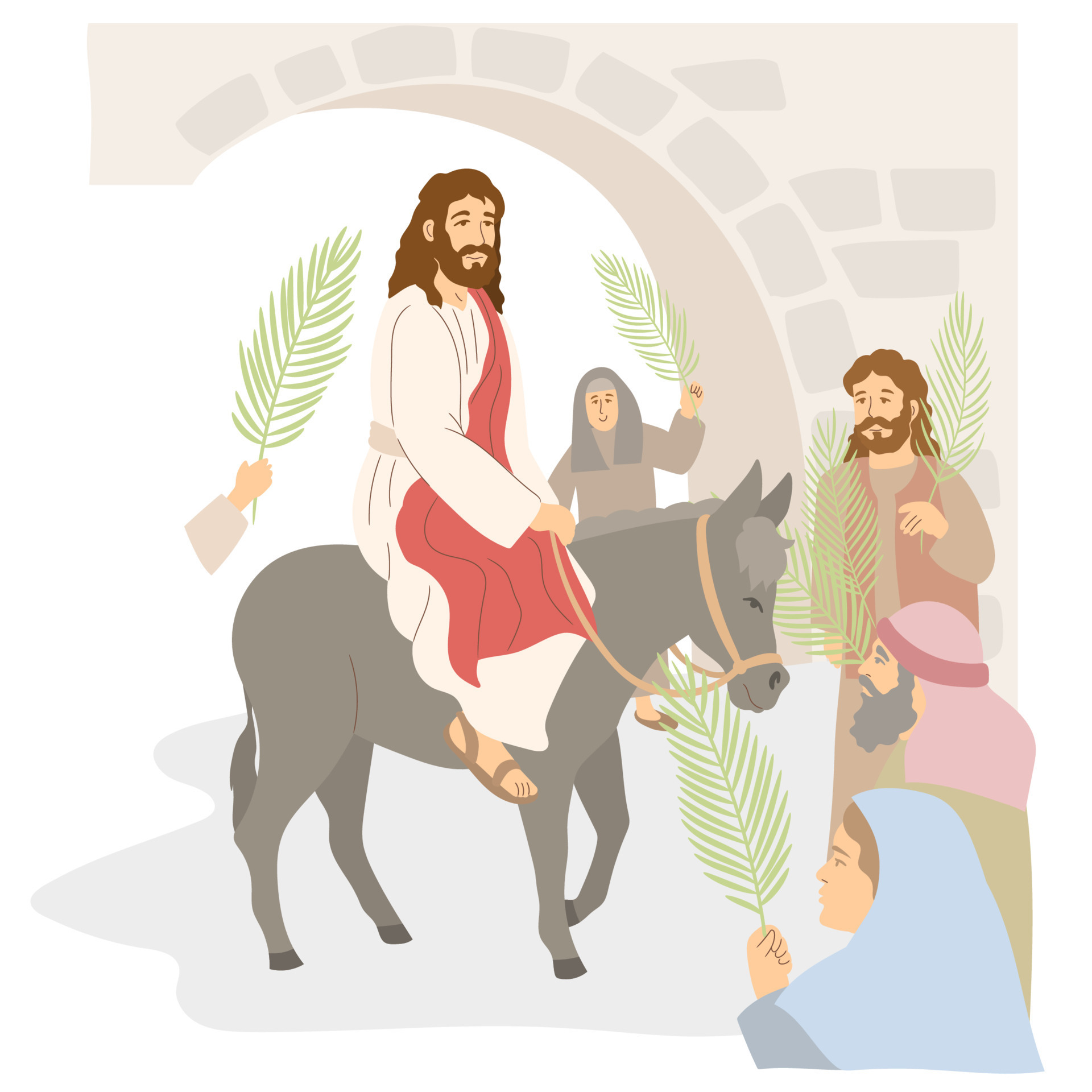 Palm Sunday Illustration Jesus Entering Jerusalem With A Donkey And