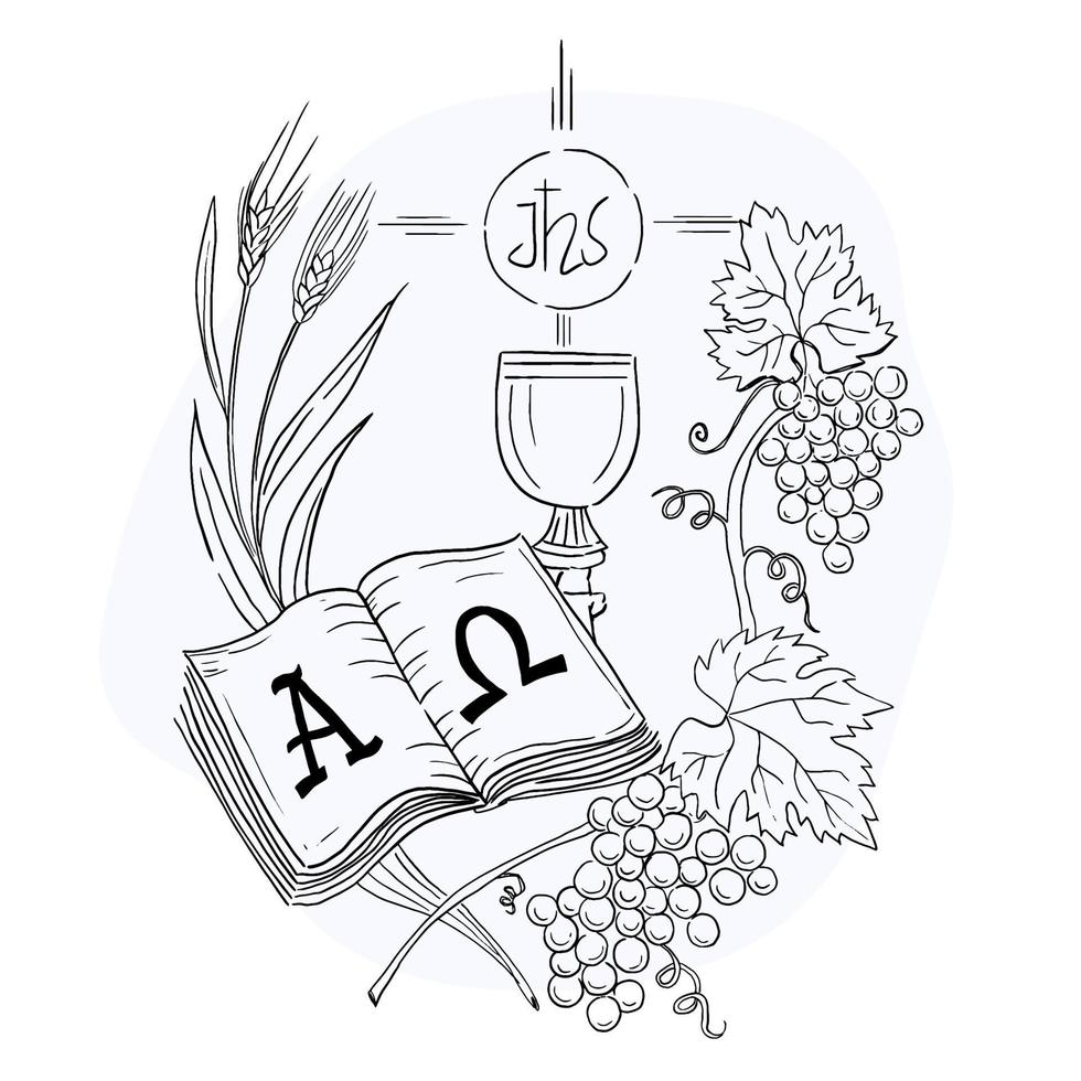 eucaristía símbolo de un pan y vino, cáliz y anfitrión, con trigo orejas guirnalda y uvas. vector