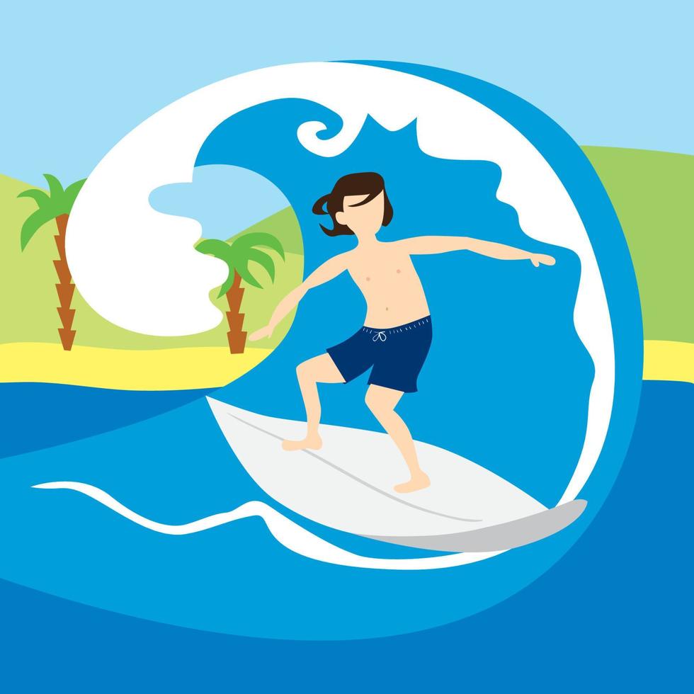 Surfer man with surfboard standing and riding on ocean wave. Cartoon character. Recreational beach water sport. Surf travel vector