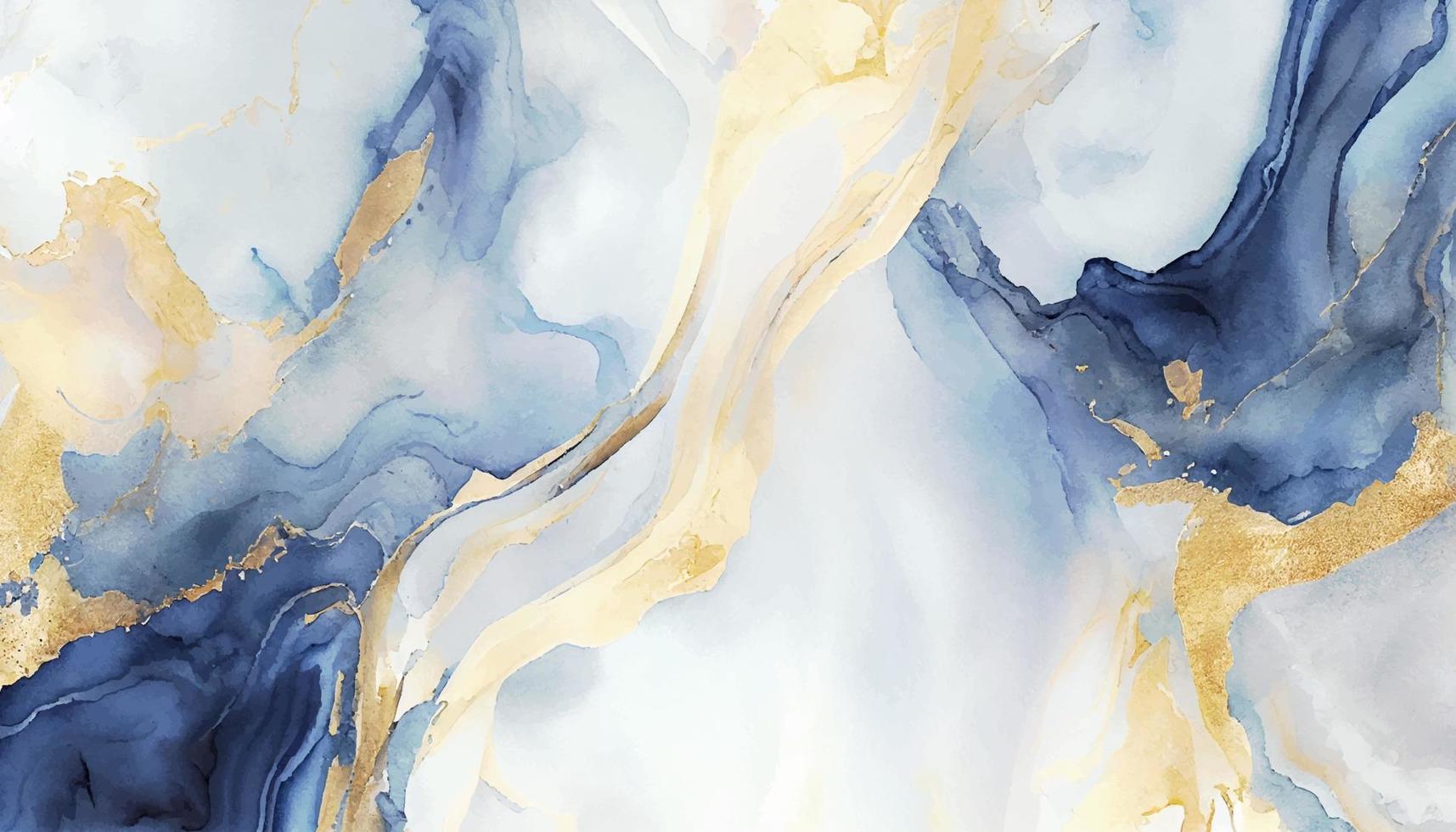 Abstract blue liquid watercolor background with golden dust. Cyan marble alcohol ink drawing effect. Vector illustration design template for wedding invitation, menu, rsvp, banner.