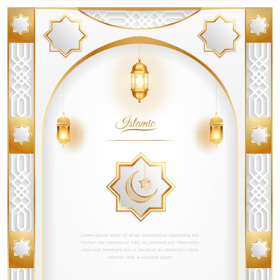 Ramadán Arábica islámico blanco y dorado lujo ornamental antecedentes con islámico modelo y decorativo linternas vector