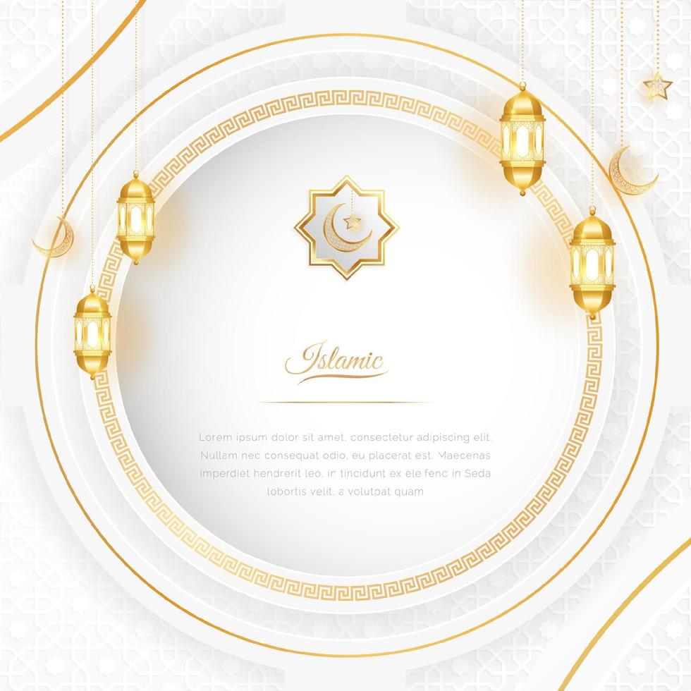 Ramadán Arábica islámico blanco y dorado lujo ornamental antecedentes con islámico modelo y decorativo linternas vector