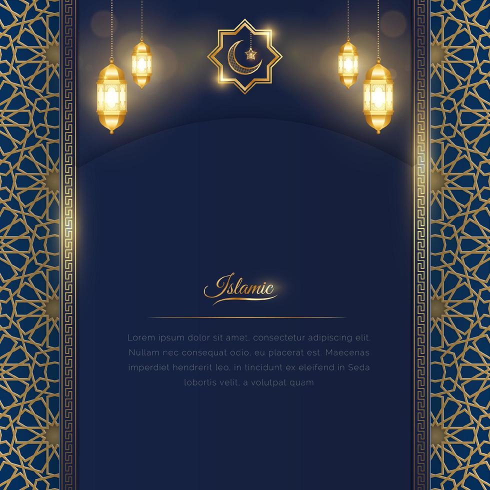 Ramadán Arábica islámico azul y dorado lujo ornamental antecedentes con islámico modelo y decorativo linternas vector