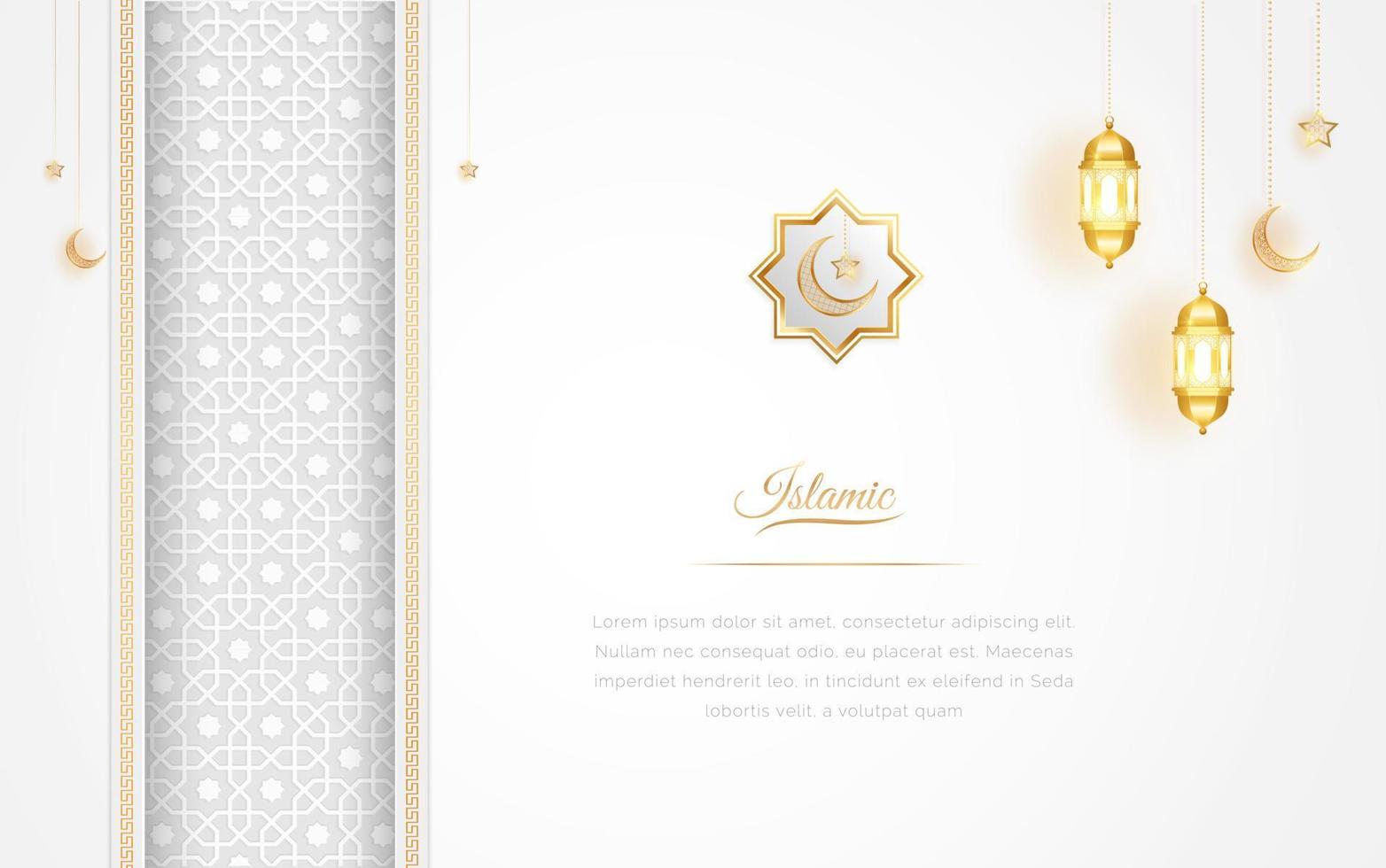 Ramadan Arabic Islamic White and Golden Luxury Ornamental Background with Islamic Pattern and Decorative Lanterns vector