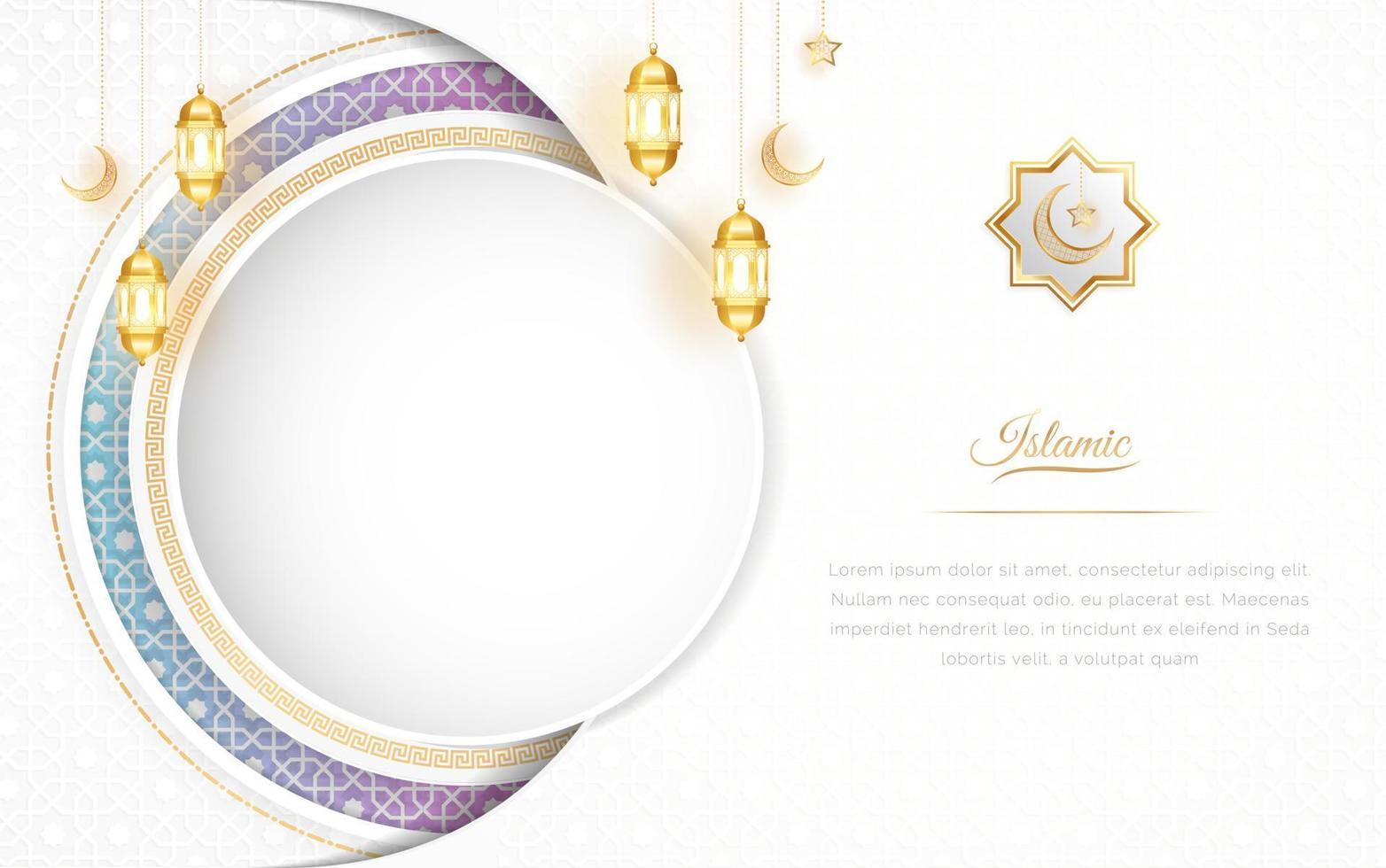 Ramadán Arábica islámico blanco y dorado lujo ornamental antecedentes con islámico modelo y decorativo linternas vector