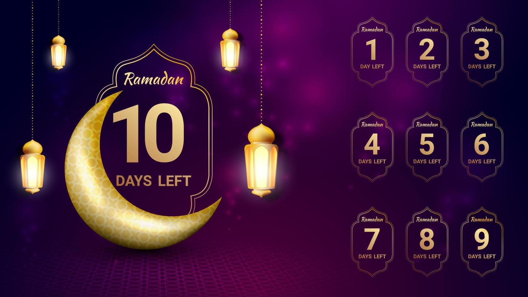 number of days left for ramadan with luxury golden moon and lantern vector