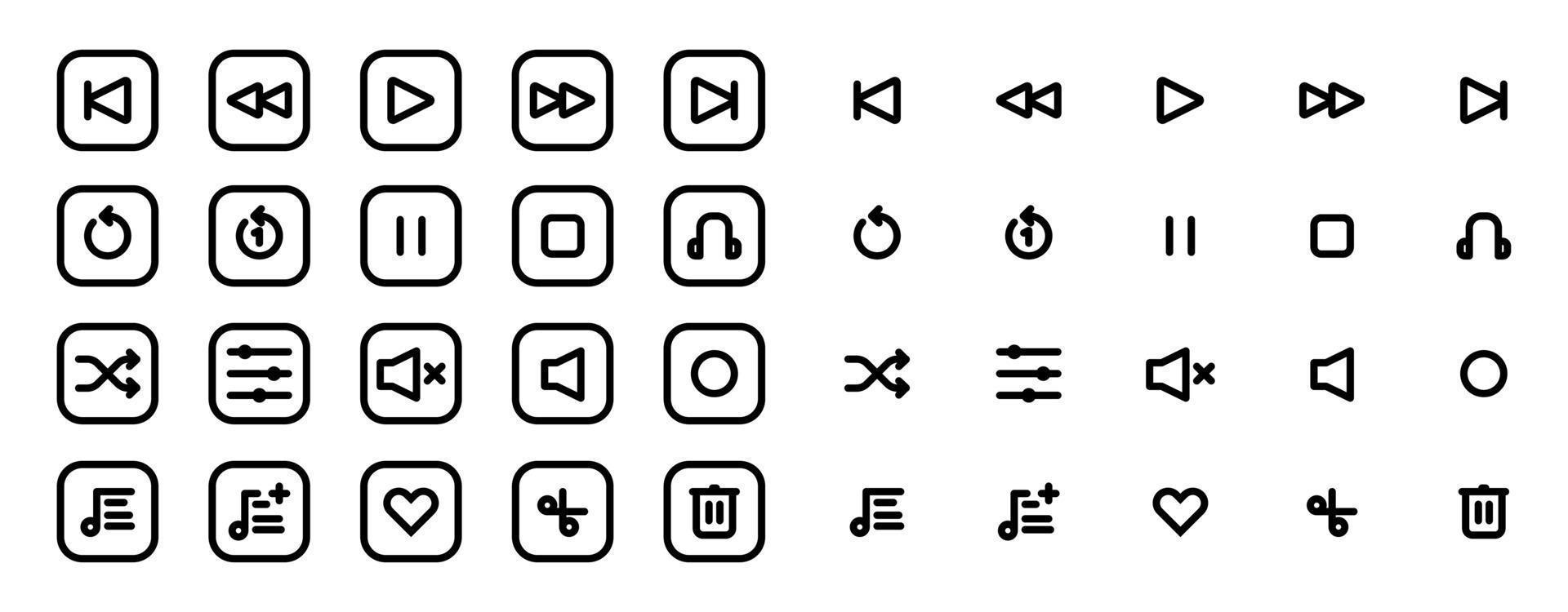 Set of Media player icons in line style. Music, interface, design media player buttons collection. Vector Illustration.