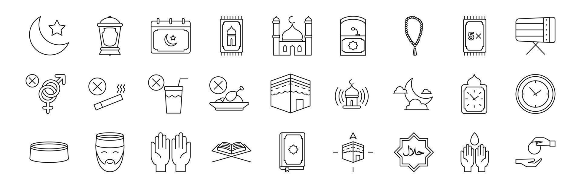 Set of Ramadan Kareem Related Vector Line Icons