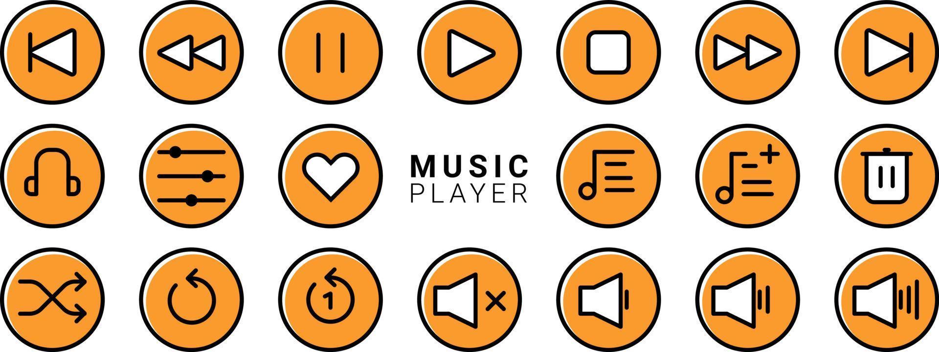 Set of Media player icons in filled line style. Music, interface, design media player buttons collection. Vector Illustration.