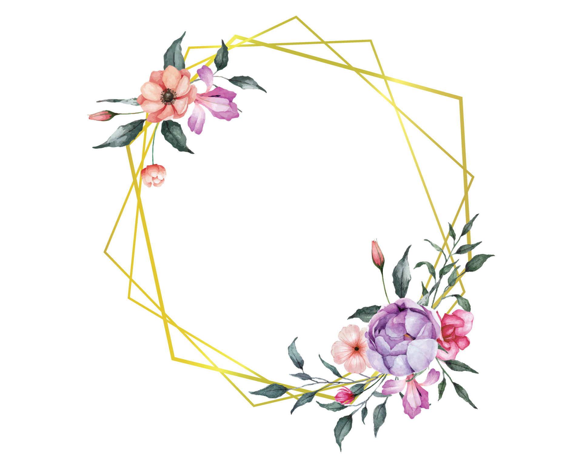 Watercolor Flowers Frame with Colorful Vintage Flowers and Green Leaves