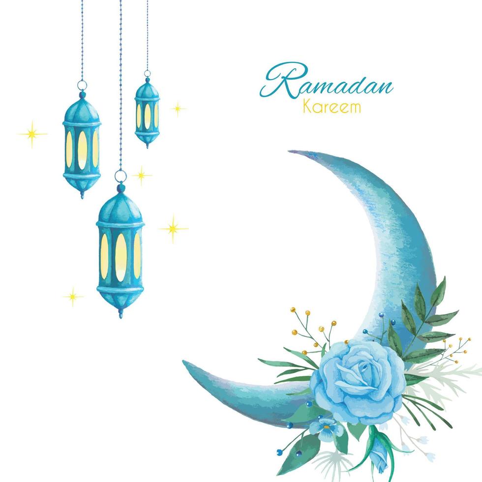 Ramadan kareem greeting design with blue crescent moon decorated with bouquet of roses and hanging lantern illustration vector