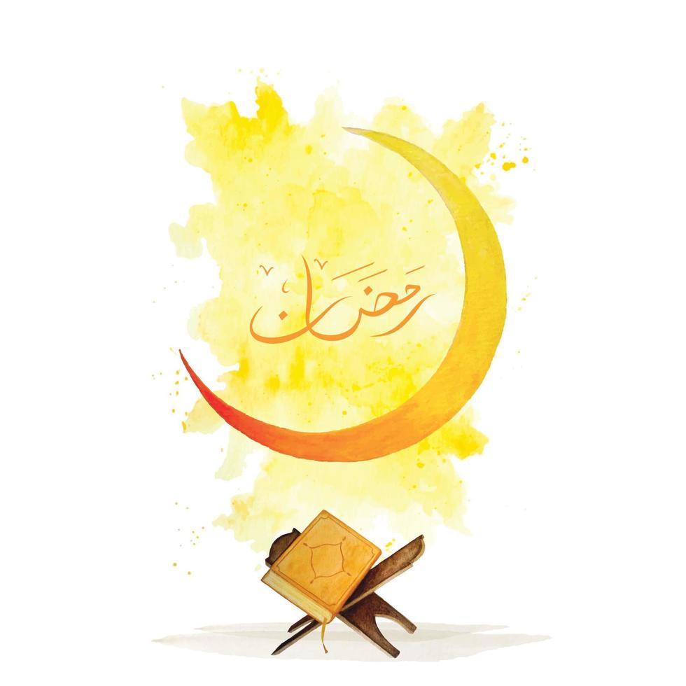 Ramadan greeting card design, crescent moon and Quran watercolor illustration with color splash background vector