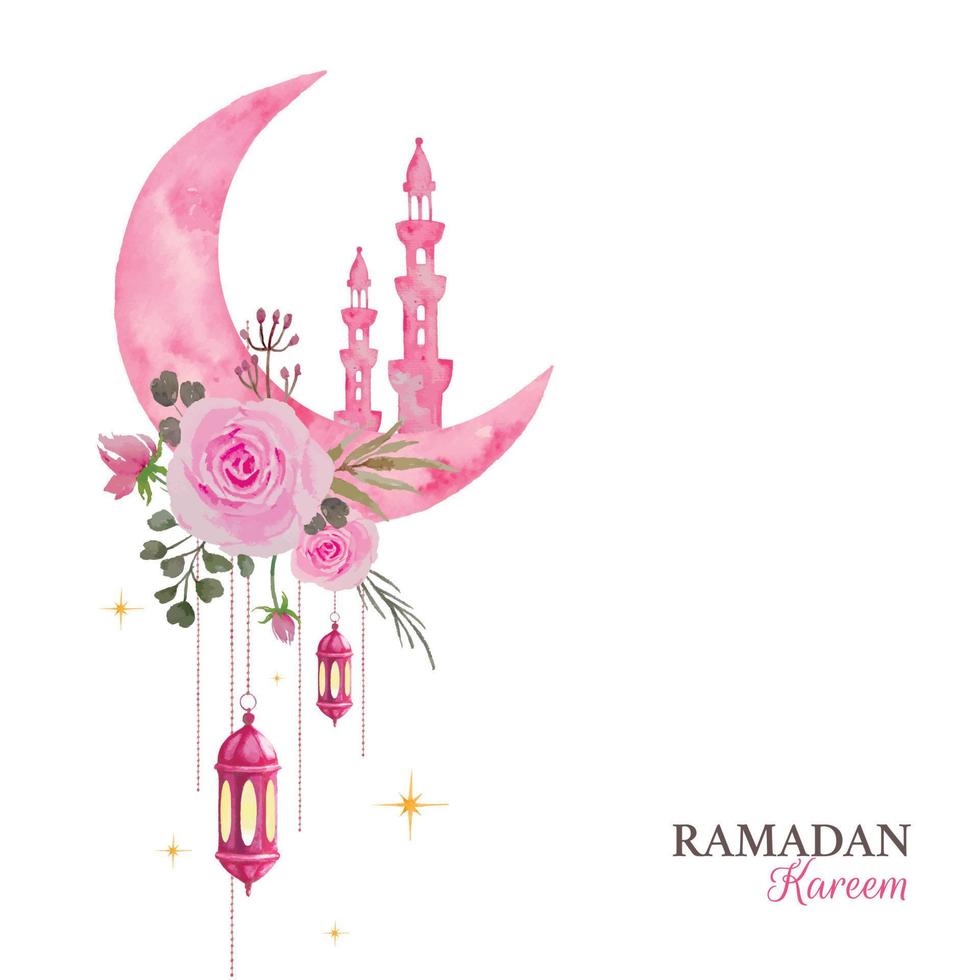 Ramadan greeting design, watercolor crescent moon and minarets decorated with pink roses bouquet and hanging lanterns illustration vector