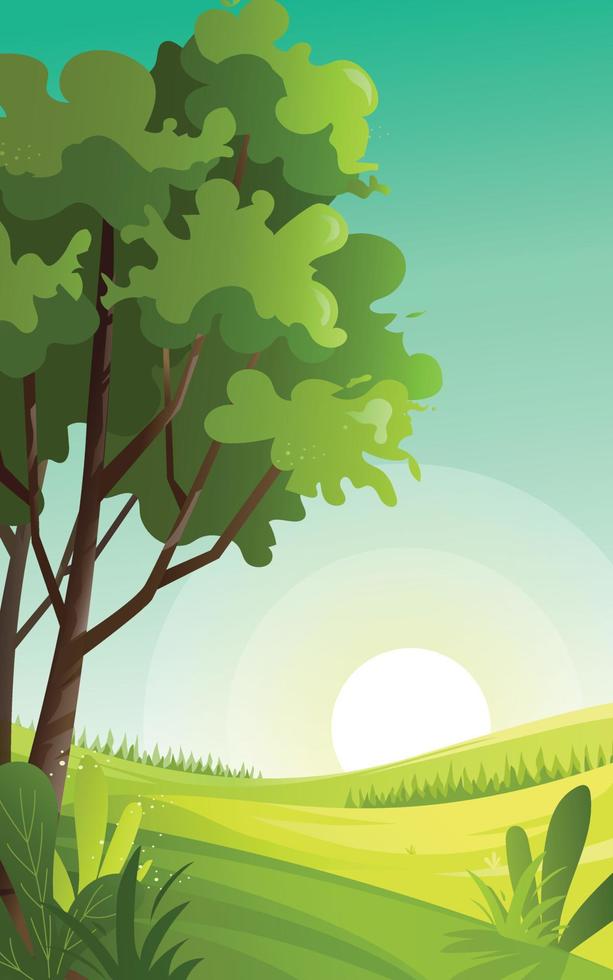Green meadow landscape with sunrise on the horizon, nature scenery vector illustration