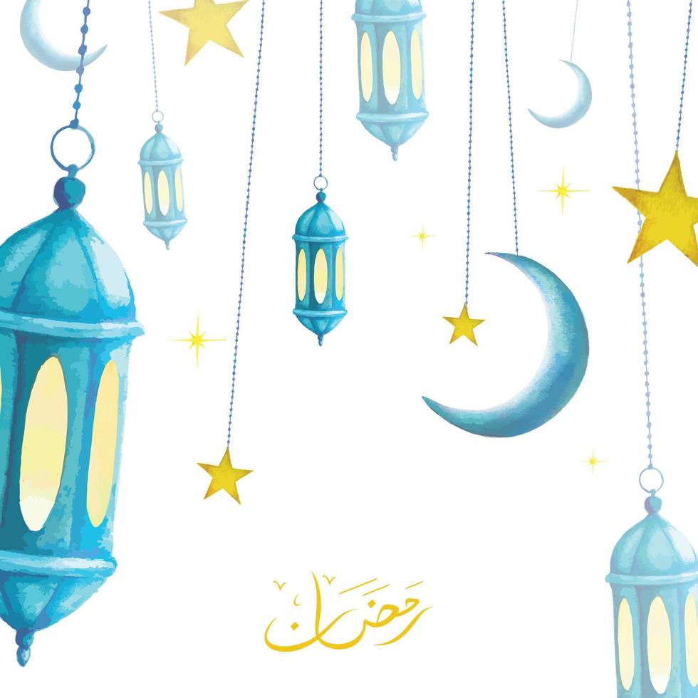 Ramadan greeting design with hanging blue lantern, crescent moons and stars ornament illustration vector