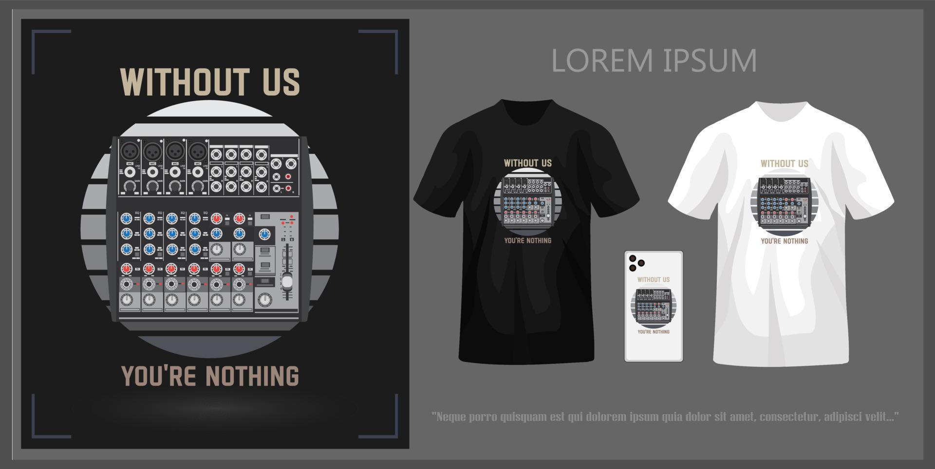 T-shirt design featuring music mixer, complete with mockup. vector