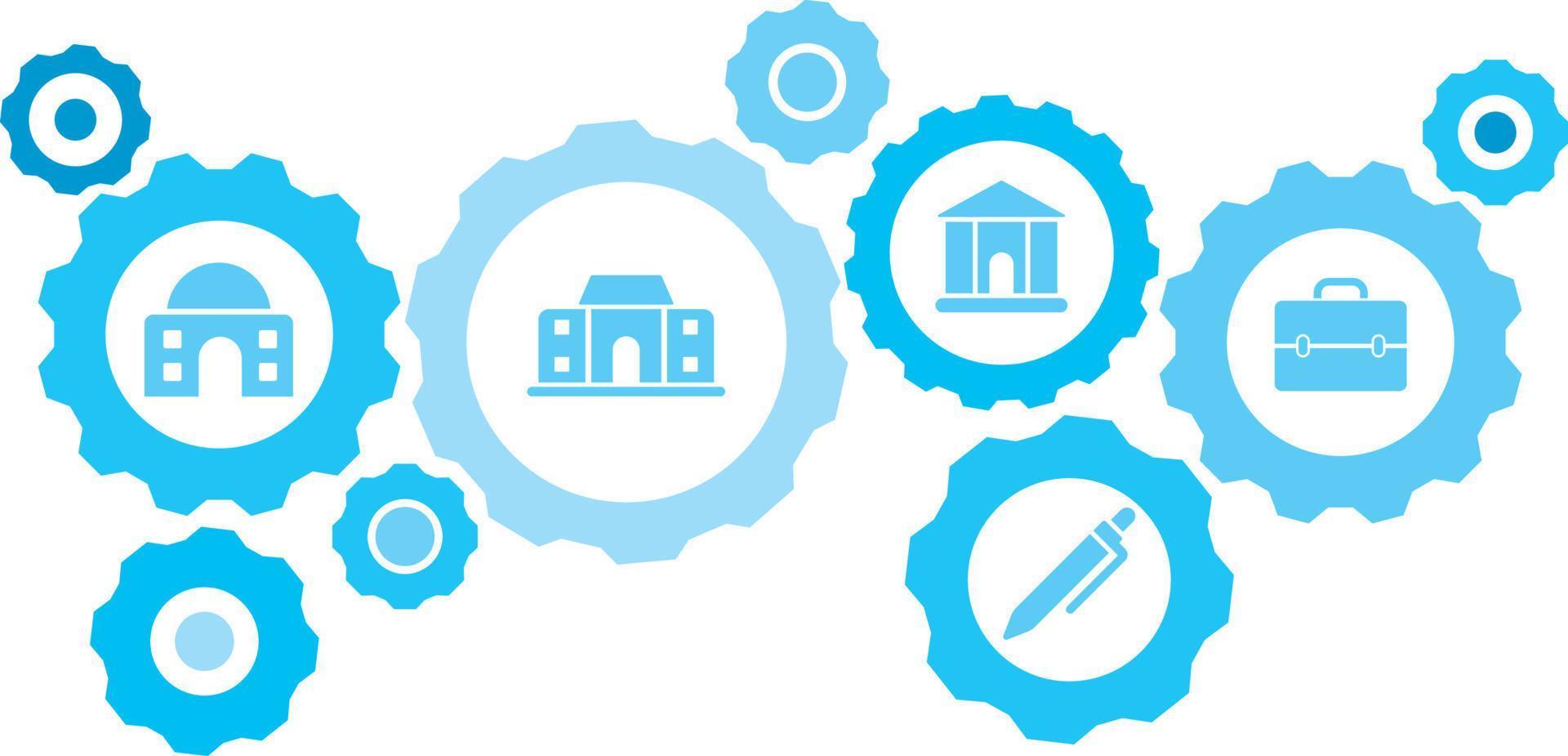 Connected gears and icons for logistic, service, shipping, distribution, transport, market, communicate concepts,briefcase gear blue icon set. Delivery mechanism concept. on white background vector