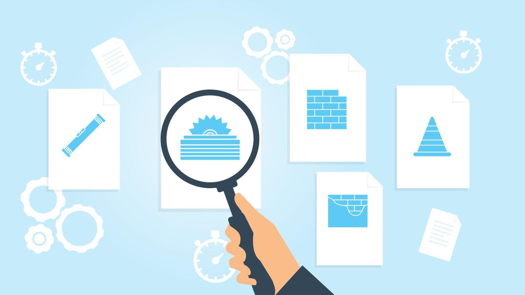 Document with search icons. File and magnifying glass. Analytics research sign. Vector Illustration, building, cone file, document research vector illustration on white background