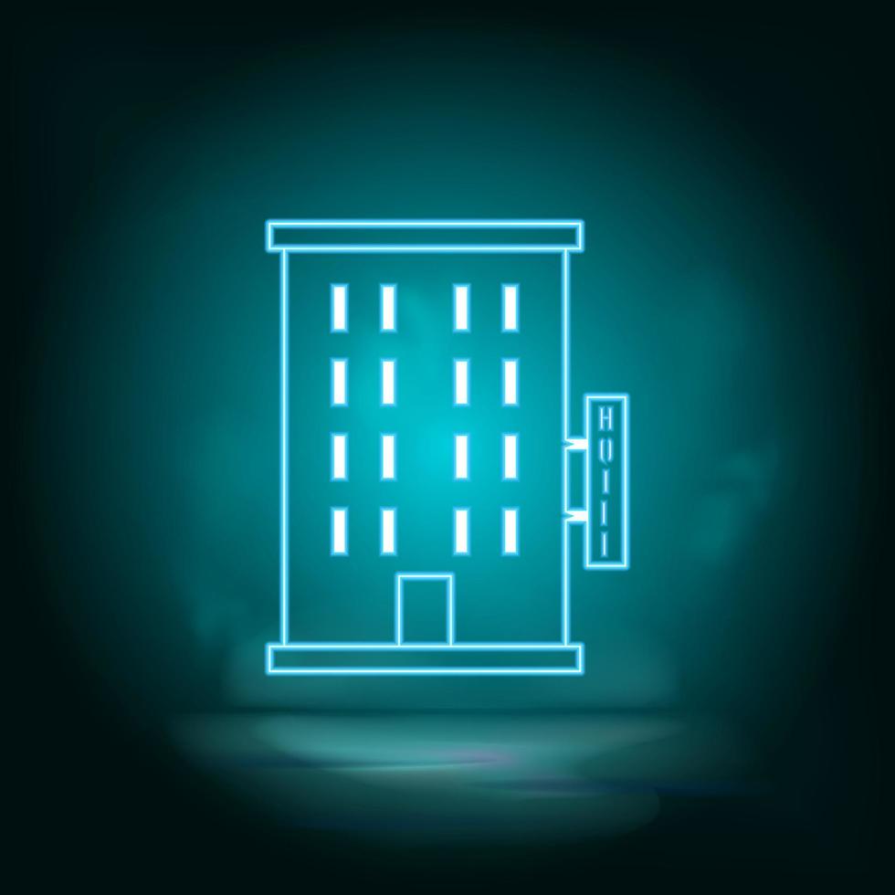 Neon, hotel building blue. Blue neon, Building vector icon. Vector background