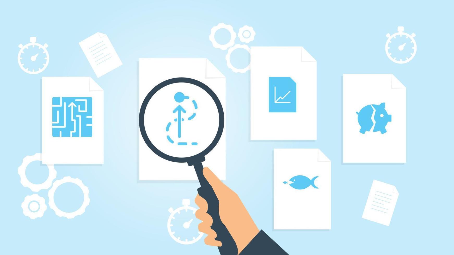 Document with search icons. File and magnifying glass. Analytics research sign. Vector Illustrationbank broken piggy file, document research vector illustration on white background