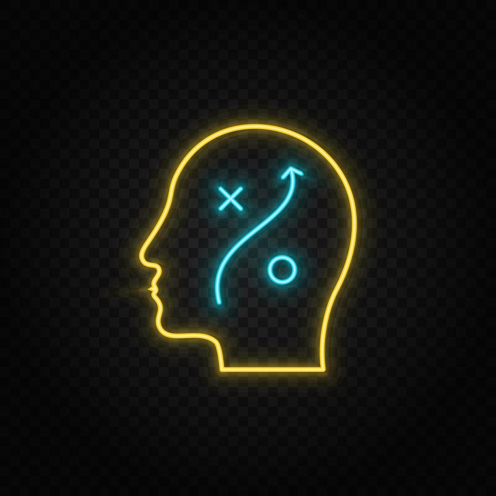 Human mind, head, planing neon icon. Blue and yellow neon vector icon. Transparent background