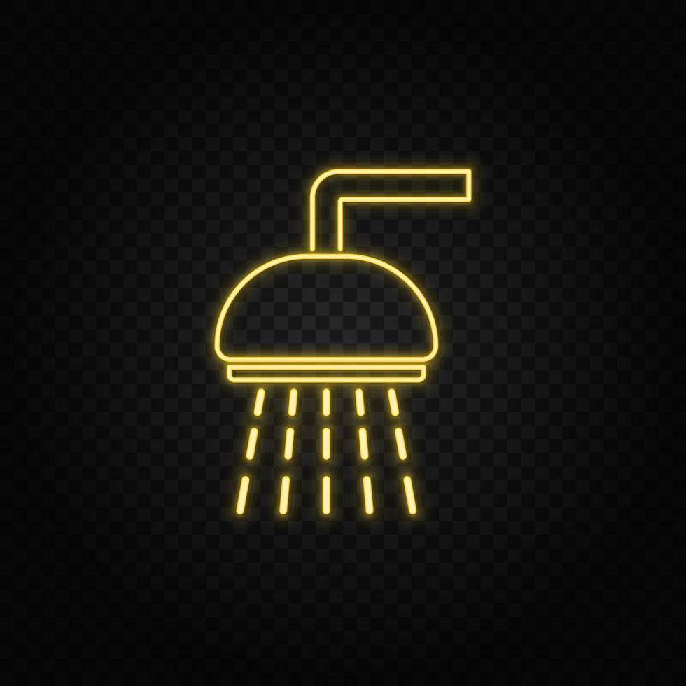 Yellow neon icon bath, bathroom, shower. Transparent background. Yellow neon vector icon on dark background