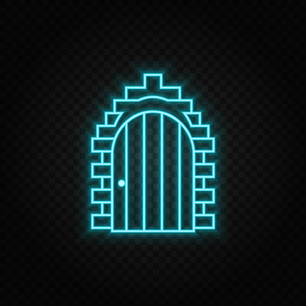 Castle, door, icon neon icon. Blue and yellow neon vector icon. Transparent background