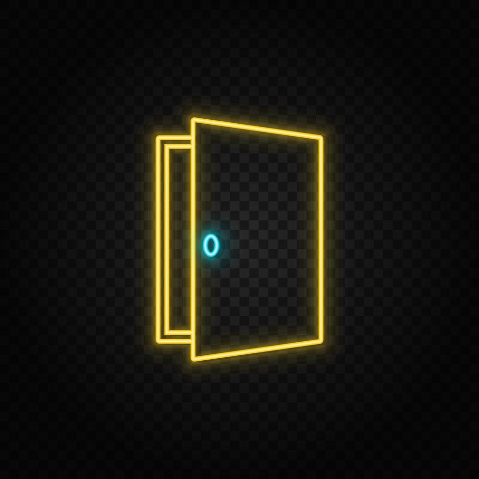puerta, abierto, icono neón icono. azul y amarillo neón vector icono. transparente antecedentes