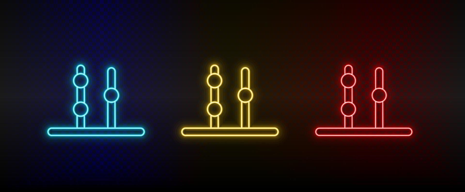 Neon icons, abacus, counting. Set of red, blue, yellow neon vector icon on darken transparent background