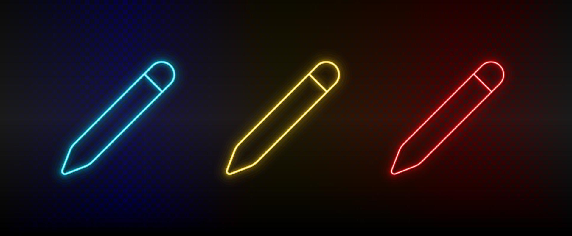 Neon icons, pencil. Set of red, blue, yellow neon vector icon on darken transparent background