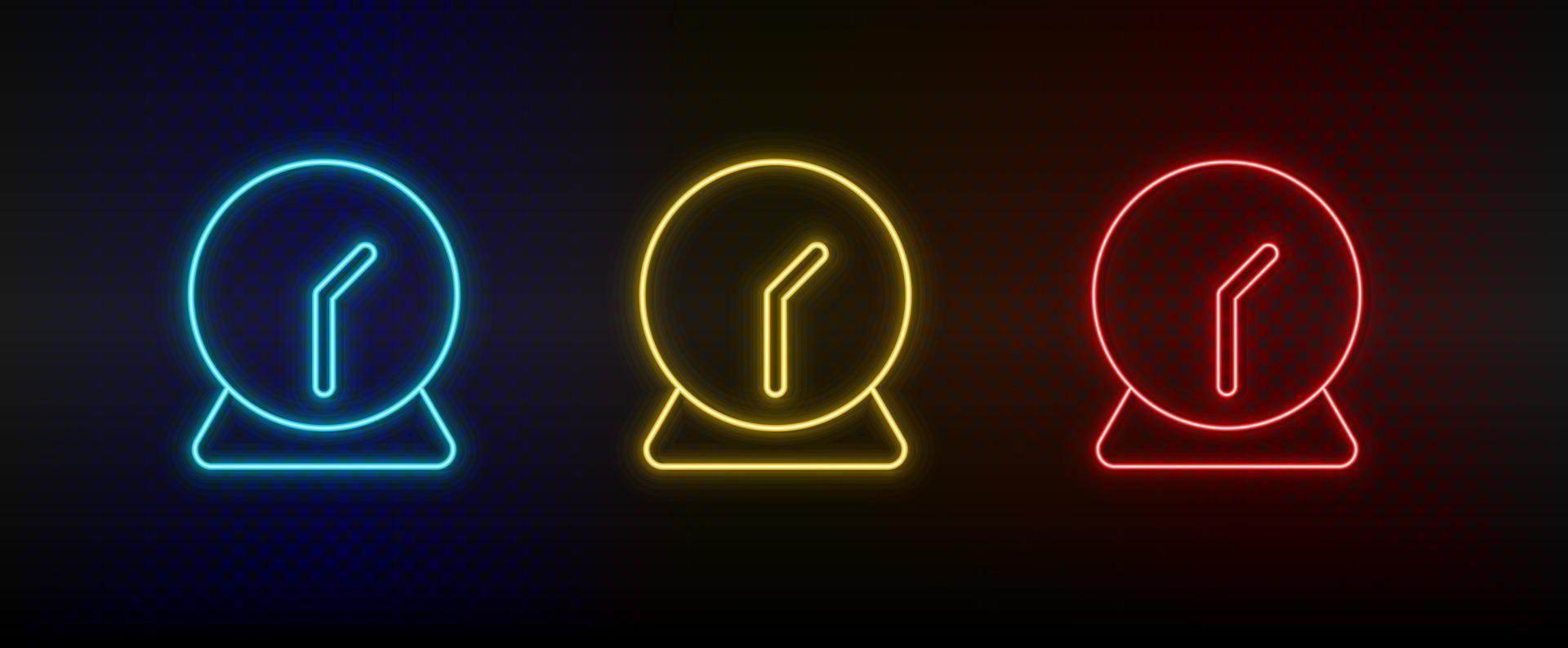 Neon icons, alarm, clock. Set of red, blue, yellow neon vector icon on darken transparent background
