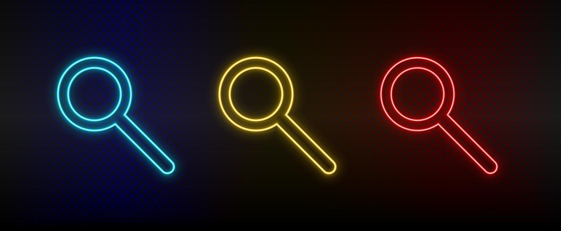 Neon icons, search, loupe. Set of red, blue, yellow neon vector icon on darken transparent background
