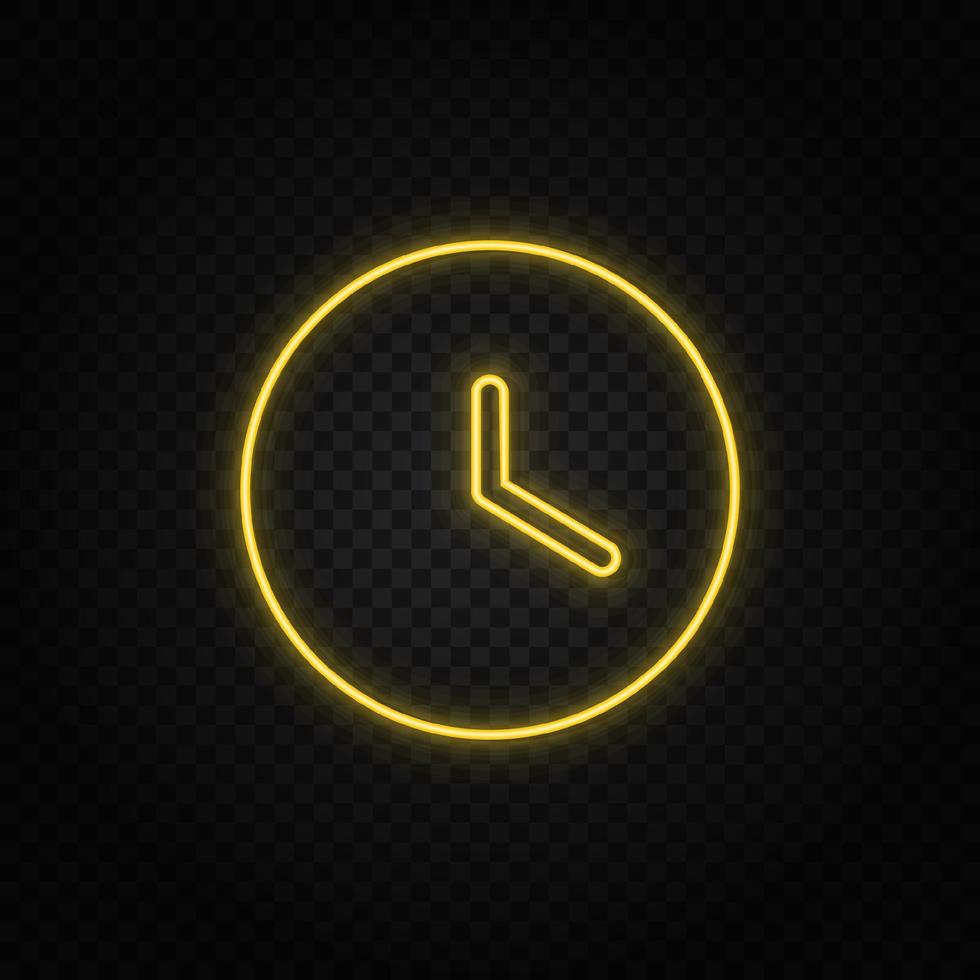 Yellow neon icon clock. Transparent background. Yellow neon vector icon on dark background