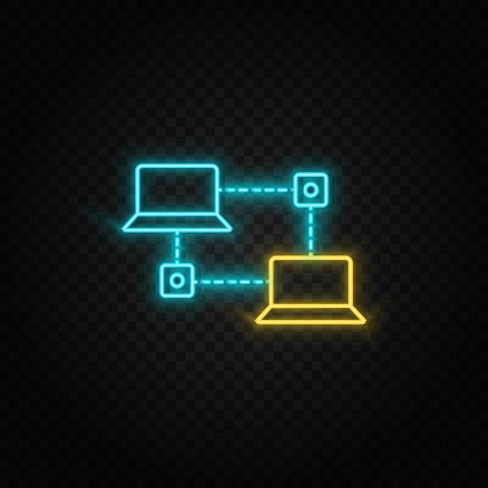 Database, network. Blue and yellow neon vector icon. Transparent background on dark background