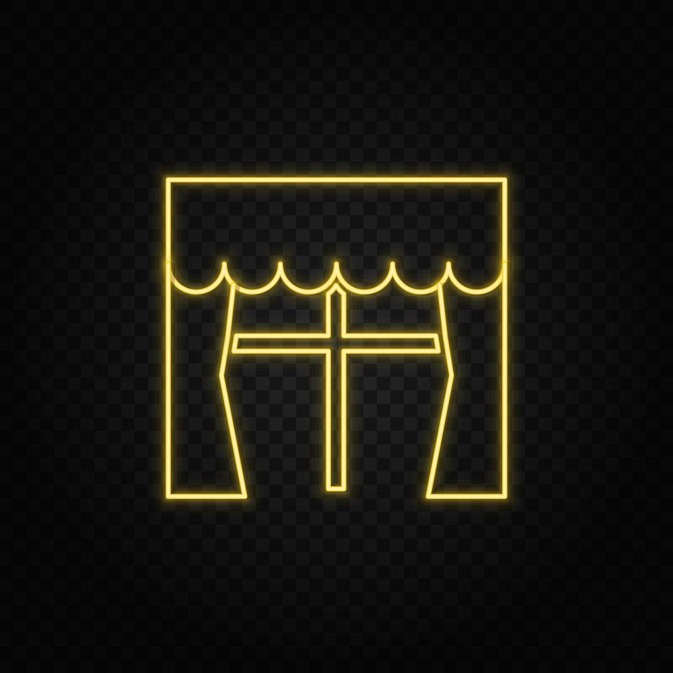 Yellow neon icon casement window, curtains. Transparent background. Yellow neon vector icon on dark background