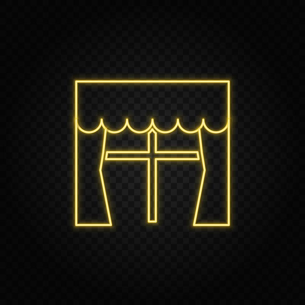 Yellow neon icon casement window, curtains. Transparent background. Yellow neon vector icon on dark background