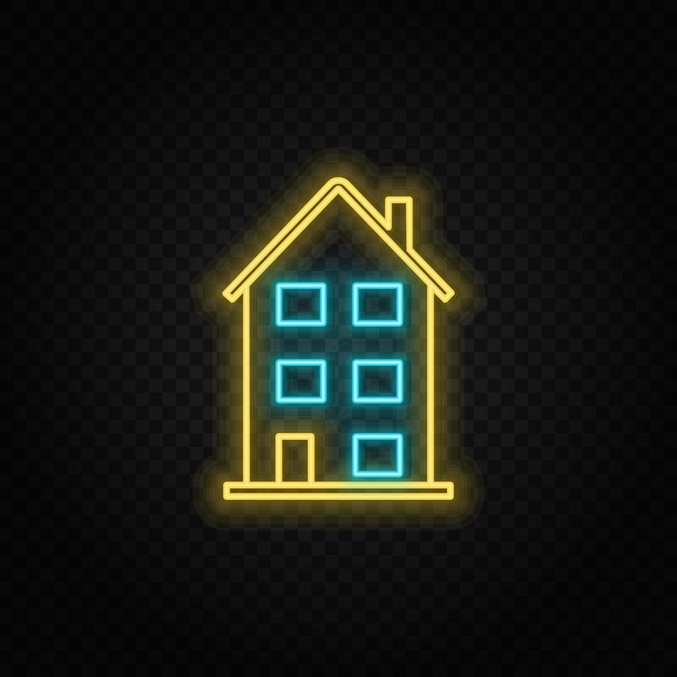 Building, home neon vector icon. Blue and yellow neon vector icon. Vector transparent background