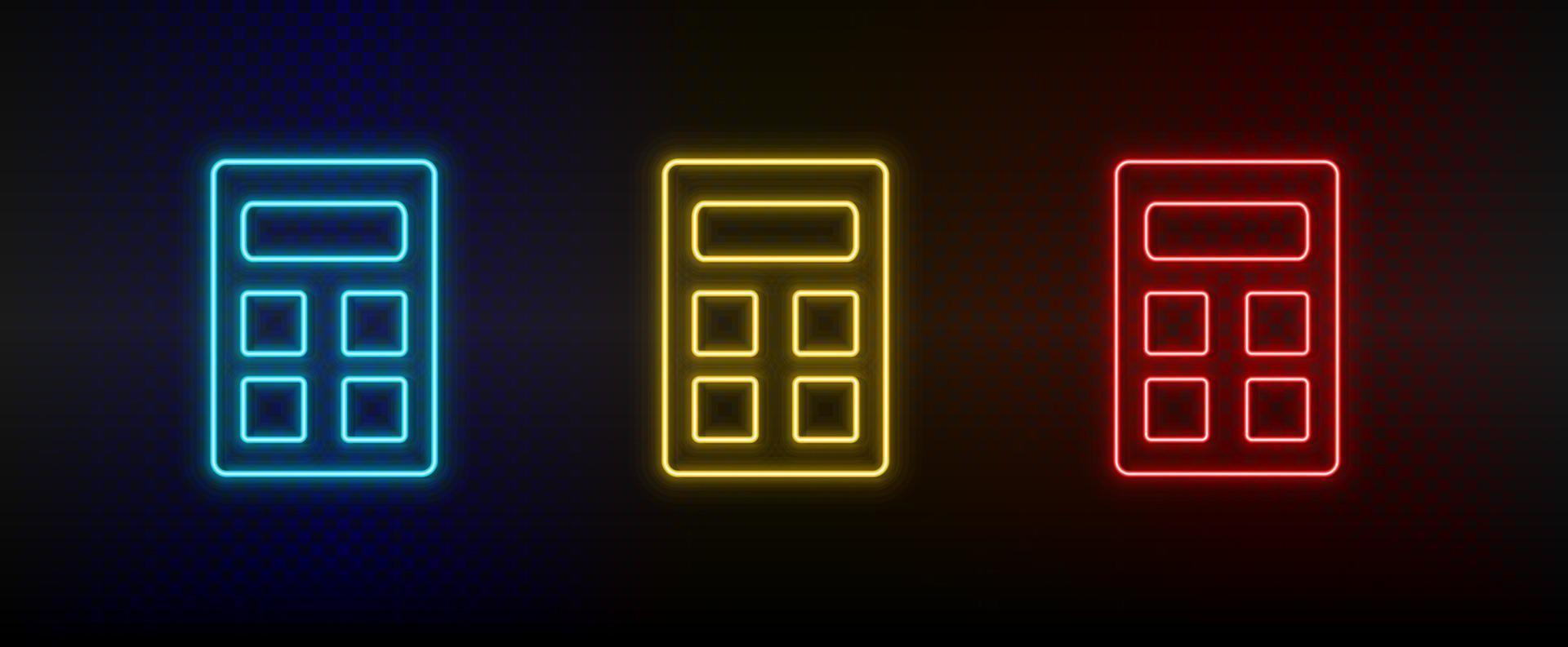 neón iconos, calculadora. conjunto de rojo, azul, amarillo neón vector icono en oscurecer transparente antecedentes