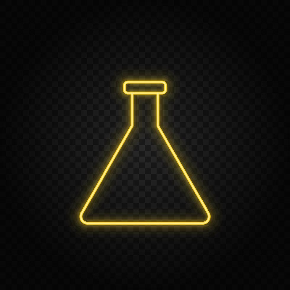 Yellow neon icon chemical flask. Transparent background. Yellow neon vector icon on dark background