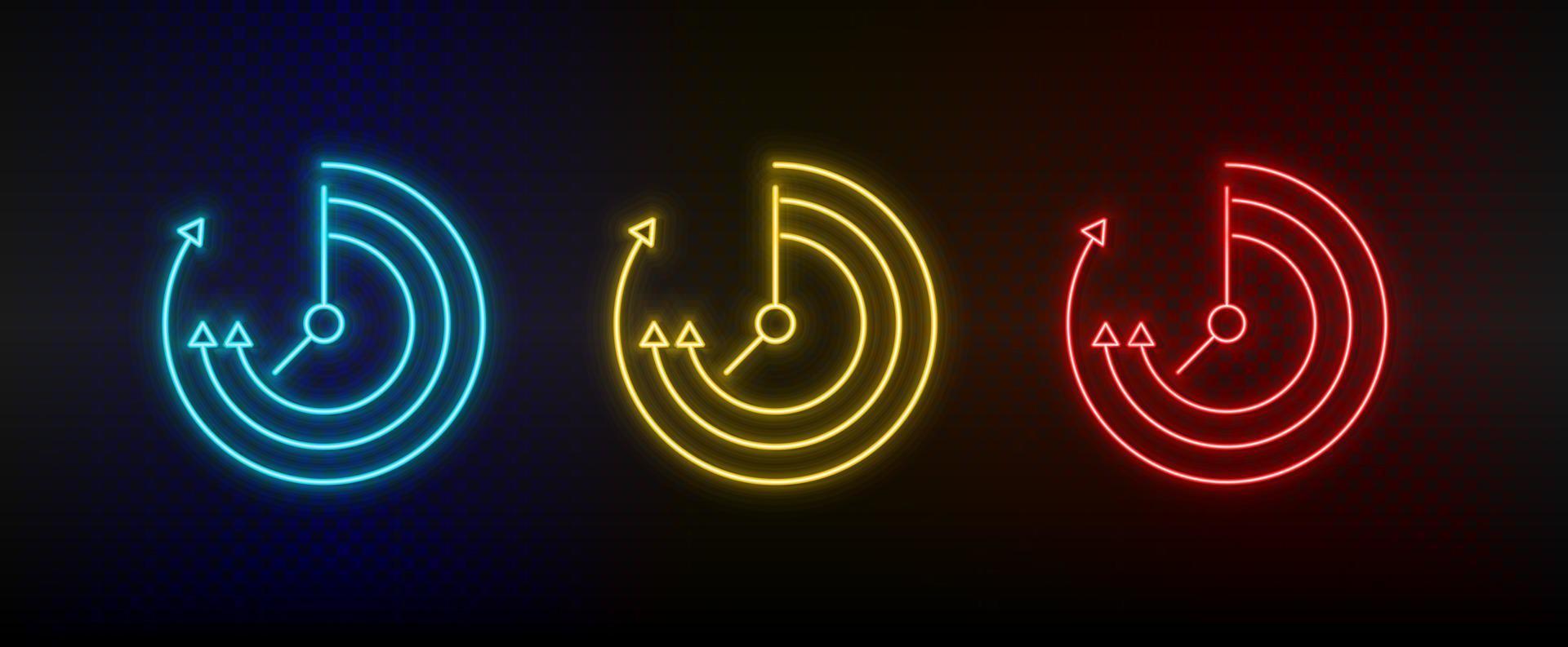 Neon icon set deadline, line. Set of red, blue, yellow neon vector icon on transparency dark background