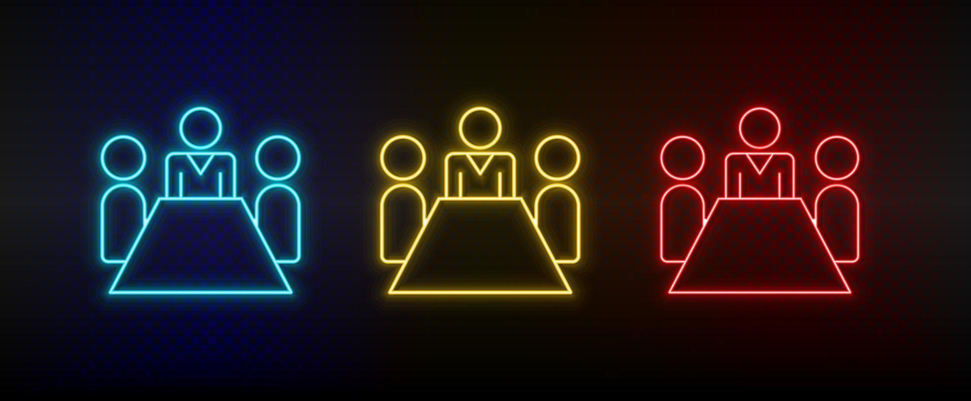 Neon icon set business meeting, conference. Set of red, blue, yellow neon vector icon on transparency dark background