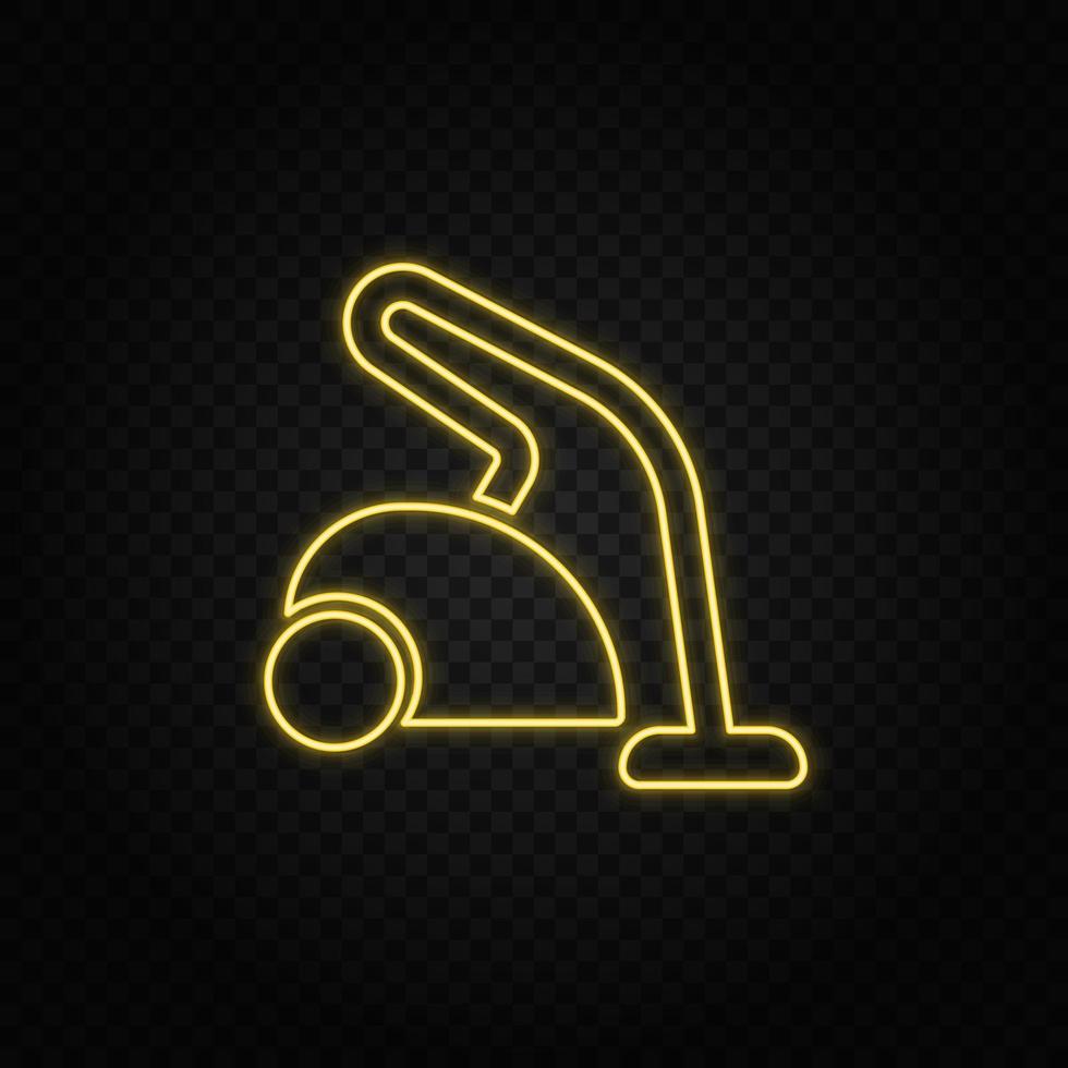 Yellow neon icon cleaner, vacuum. Transparent background. Yellow neon vector icon on dark background