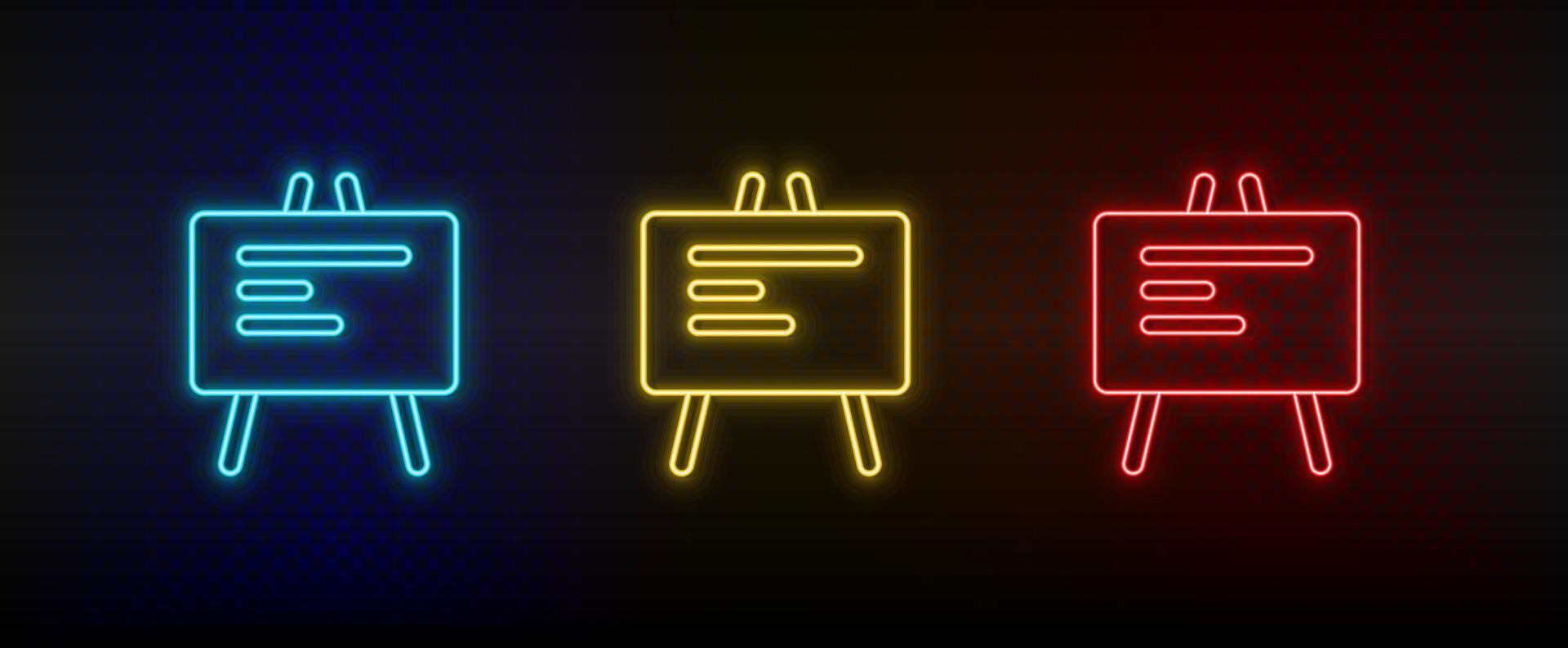 Neon icons, blackboard. Set of red, blue, yellow neon vector icon on darken transparent background