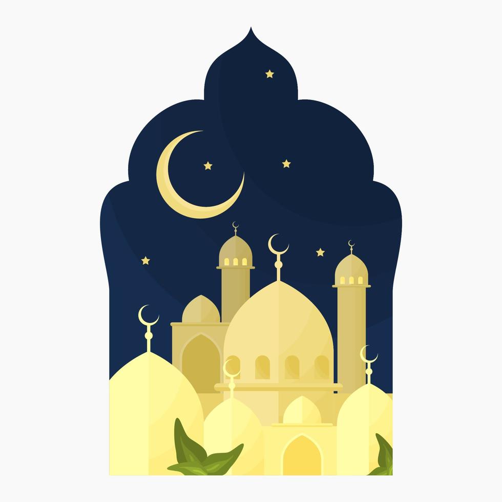 Editable Framed Mosques in A Night Scene With Crescent Moon and Leaves for Ramadan and Other Islamic Moment Related Design vector