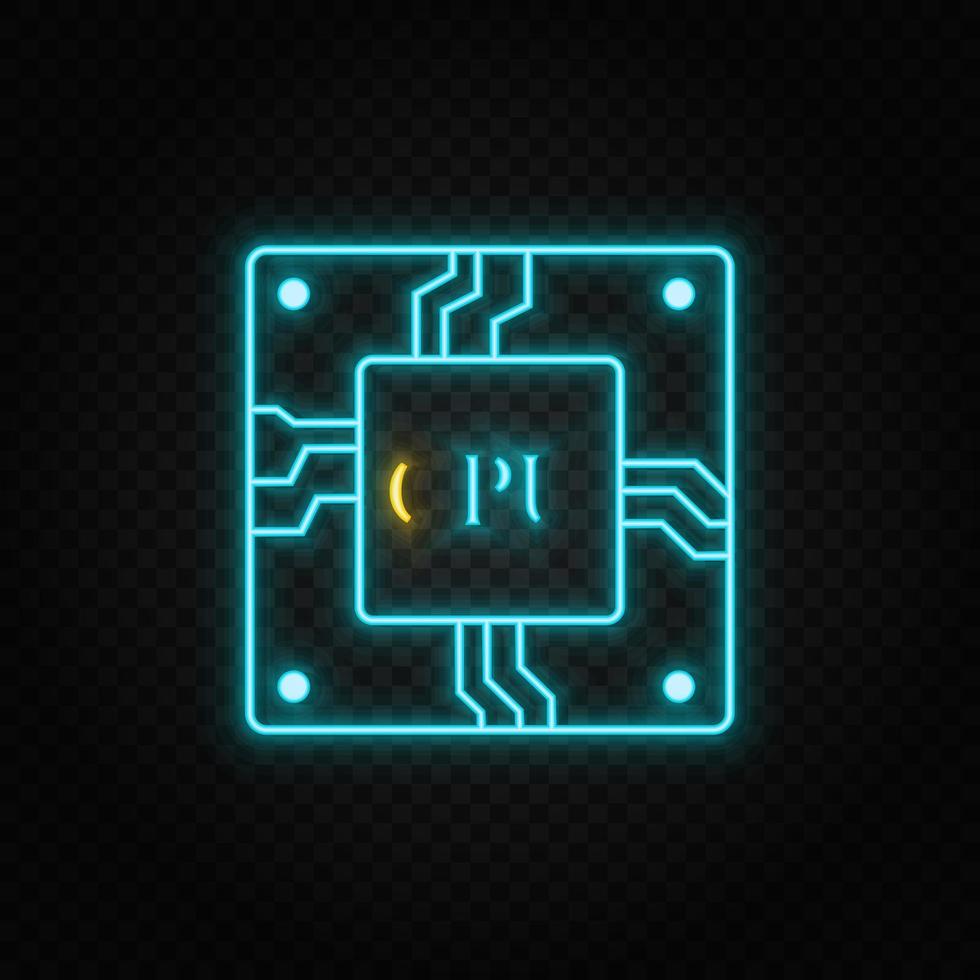 Cpu, hardware. Blue and yellow neon vector icon. Transparent background on dark background