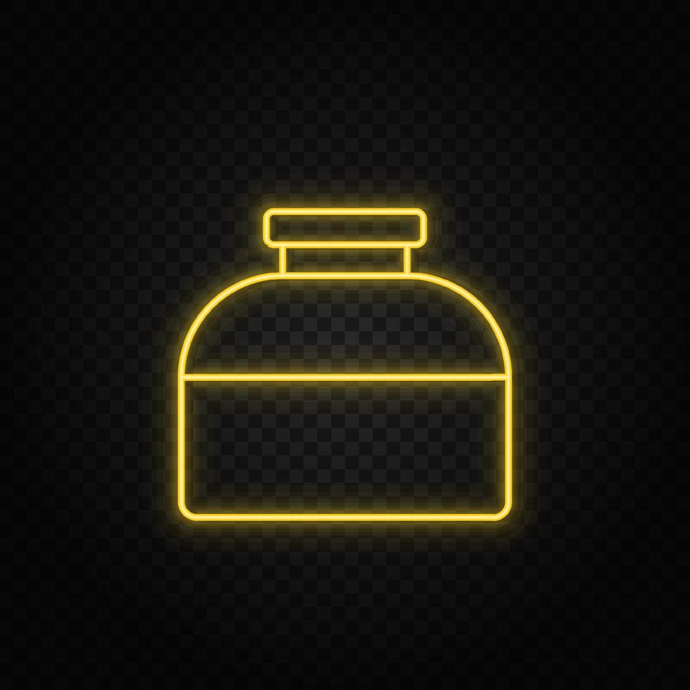 Yellow neon icon ink, bottle. Transparent background. Yellow neon vector icon on dark background
